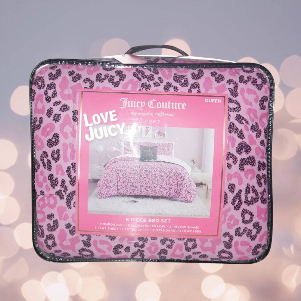 Juicy Couture Queen Size Comforter 8 Piece Bed Set Cheetah Print Pink/Black NEW
